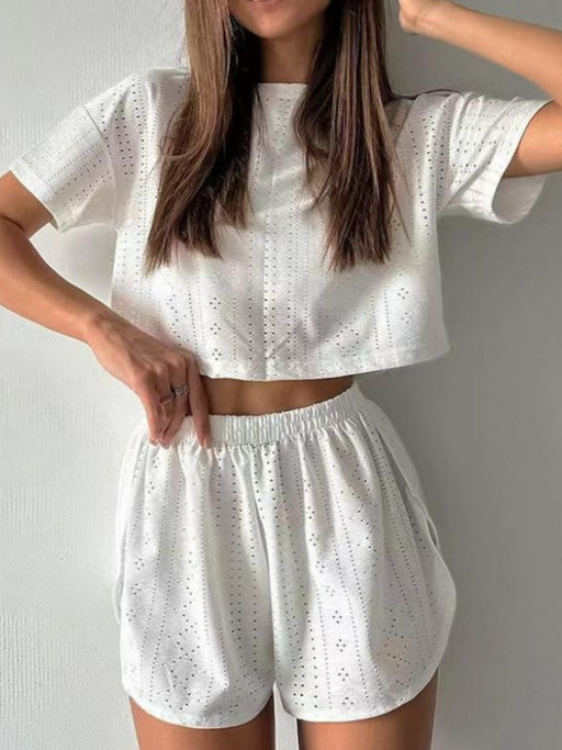 Eyelet Round Neck Top and Shorts Set White