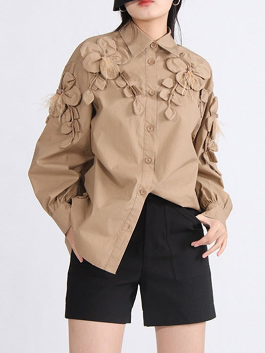 three-dimensional flower loose and high-end stand collar women's shirt