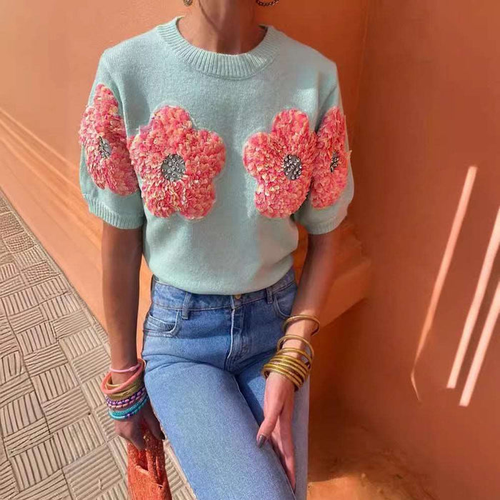 contrasting flower sweet pink round neck short-sleeved sweater