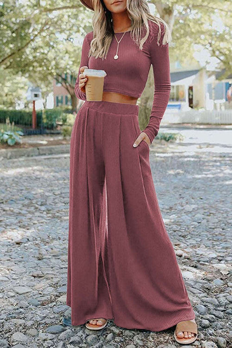 Black Plain Ribbed Crop Top & Wide Leg Pants Two Piece Pants Set Pink