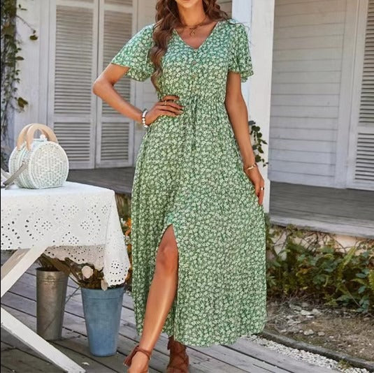 Summer drawstring slit holiday dress long dress green