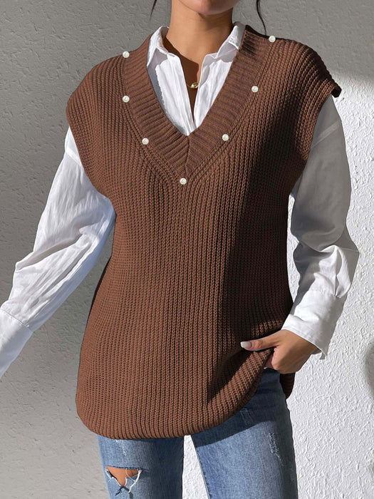 Pearl Trim V-Neck Sweater Vest Coffee Brown One Size