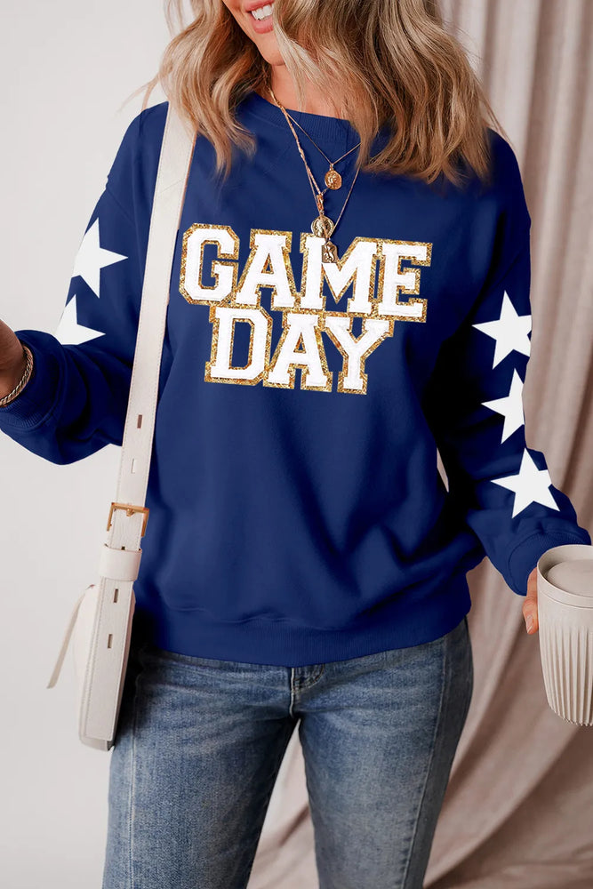 GAME DAY Star Round Neck Long Sleeve Sweatshirt Navy