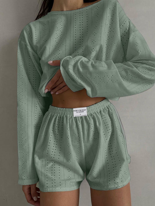 Eyelet Round Neck Top and Shorts Set Matcha Green