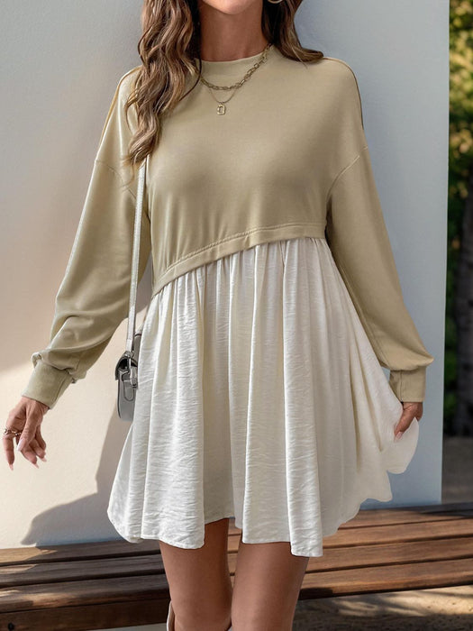 Perfee Contrast Round Neck Long Sleeve Mini Dress Tan