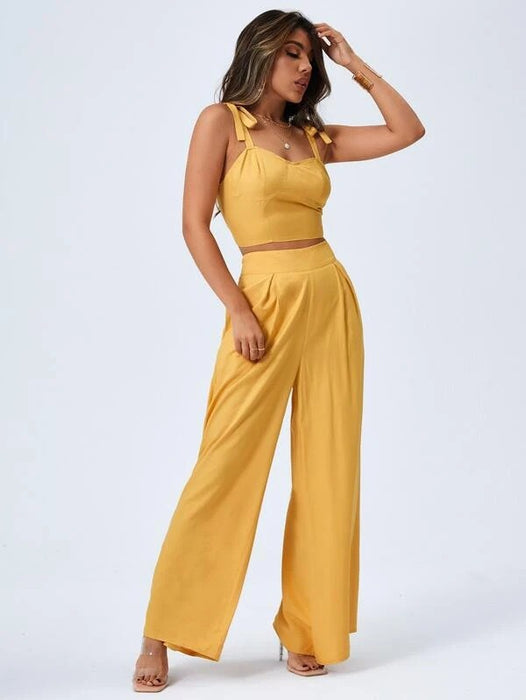 European and American Open Back Suspender Top with Wide Leg Pants Casual Pants Two Piece Set Yellow