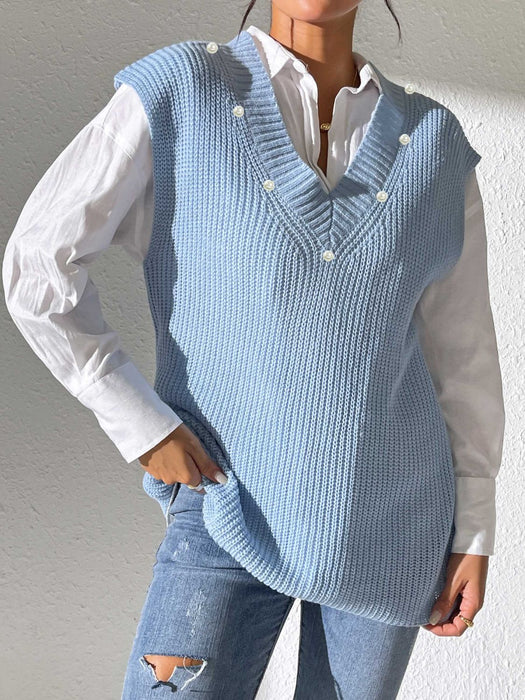 Pearl Trim V-Neck Sweater Vest Light Blue One Size