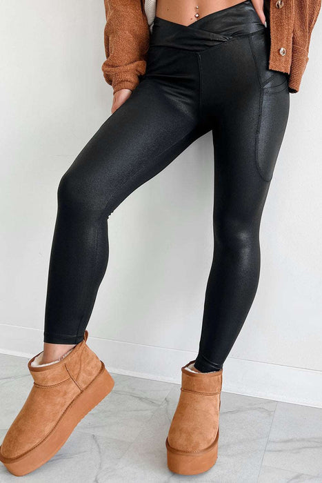 Black V Crossover High Waist Pocketed Leggings Black