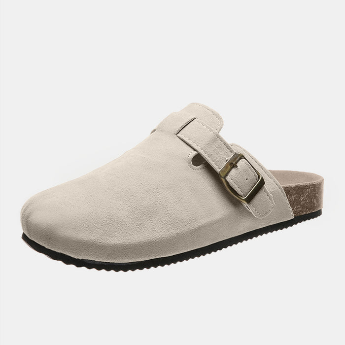 Suede Closed Toe Buckle Slide Beige