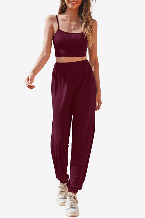 Cropped Cami and Side Split Joggers Set Burgundy