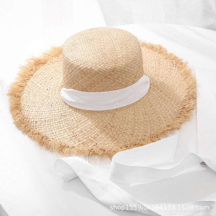 Summer Sun Hat for women Flat top white ribbon