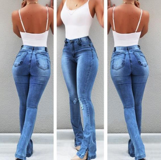 Stretch Flare High Waist Jeans Trousers For Women Royal Blue