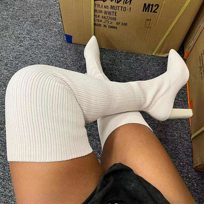 knit knee high boots White