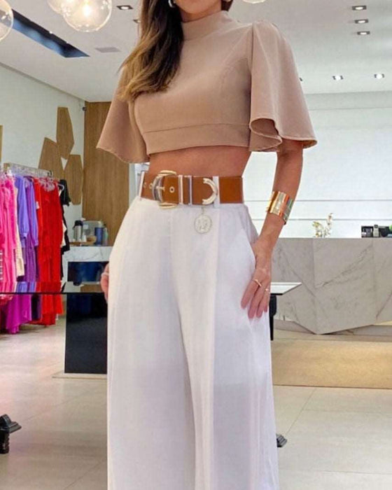 women's high waist pants and crop top set Khaki (Belt Not Included)