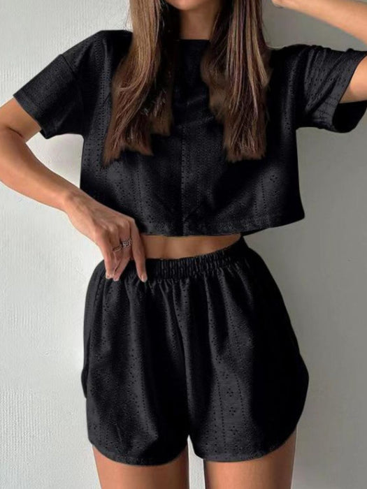 Eyelet Round Neck Top and Shorts Set Black