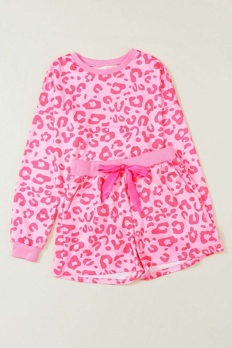 Pink & grey Leopard Long Sleeve Top & Satin Tie Shorts Two Piece Shorts Set