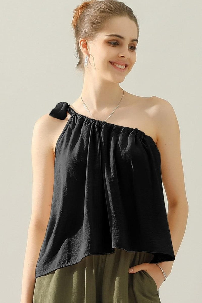 Ninexis One Shoulder Bow Tie Strap Satin Silk Top Black