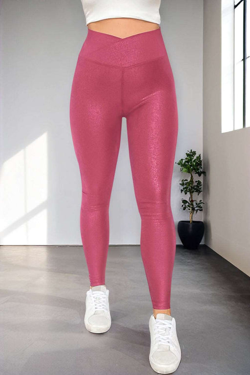 Rose Red Crossed Dip Waist Sleek Leather Leggings Rose Red