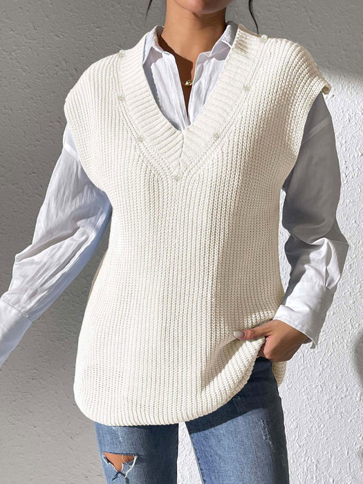 Pearl Trim V-Neck Sweater Vest Ivory One Size