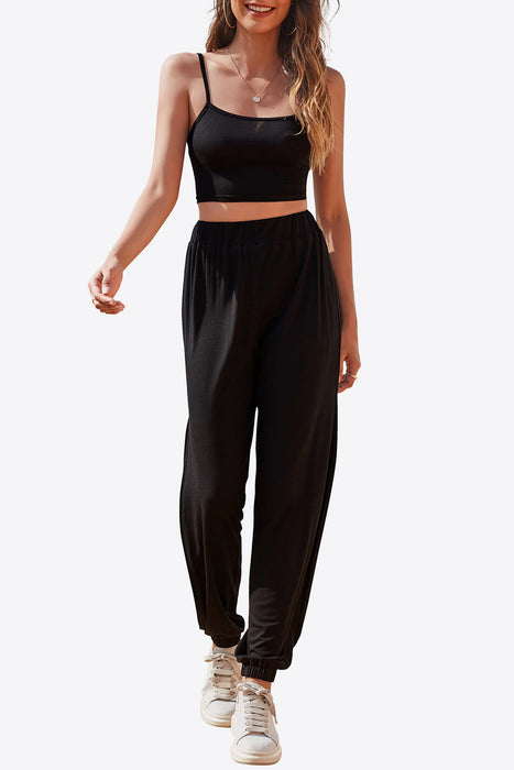 Cropped Cami and Side Split Joggers Set Black