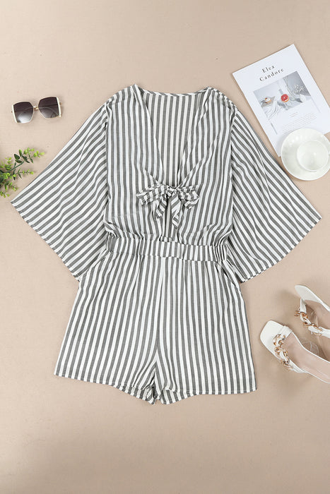 Tied Striped Three-Quarter Sleeve Romper Dark Gray