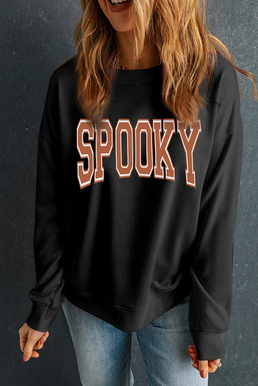 SPOOKY Round Neck Long Sleeve Sweatshirt Black