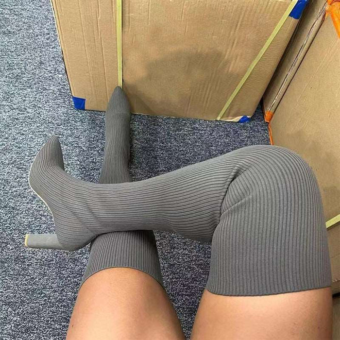 knit knee high boots Grey