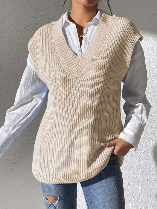 Pearl Trim V-Neck Sweater Vest Beige One Size