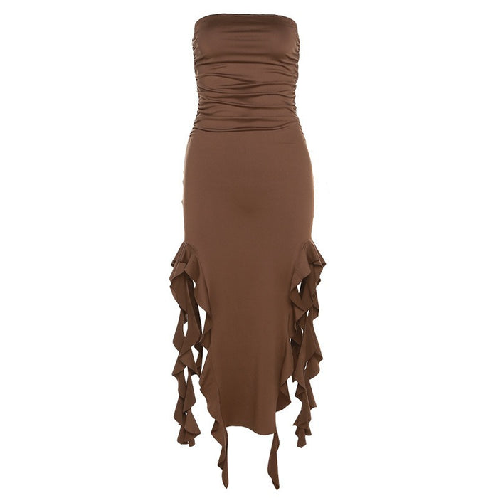 Irregular Hem One-Shoulder Tube Dress Brown