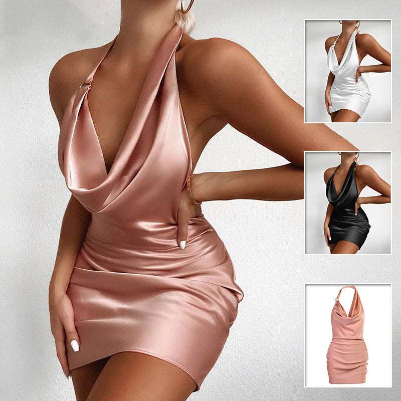 V Neck Backless Mini Dress - Satin Party Style