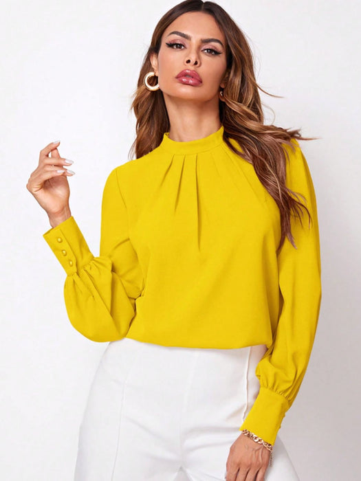 Ruched Mock Neck Long Sleeve Blouse Yellow