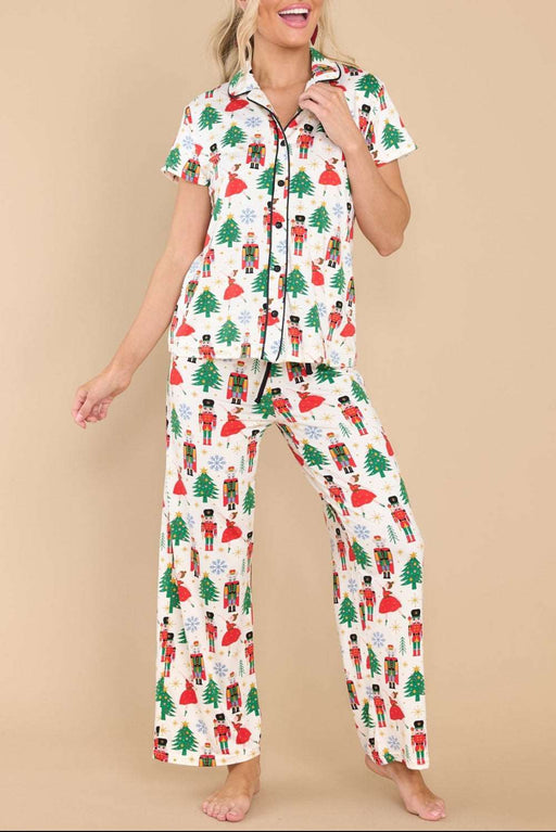 White Christmas Tree Nutcracker Shirt & Pants Pajama Set White Printed