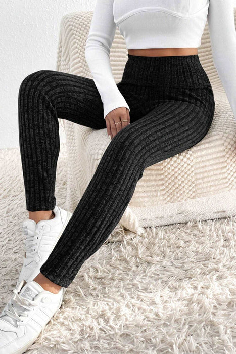 Gray Wide Waistband Ribbed Textured Knit Leggings Black