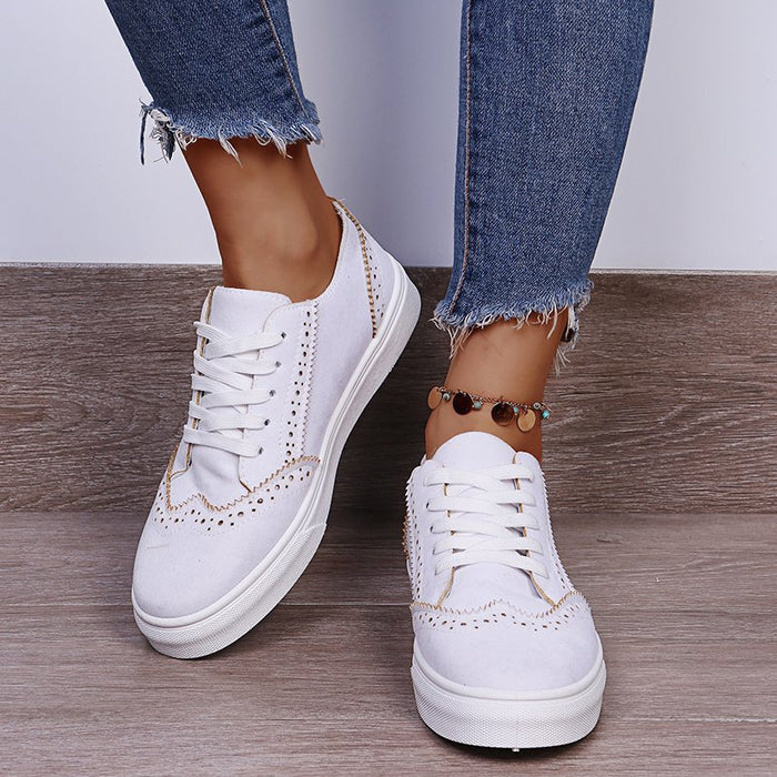 Lace-Up Suedette Flat Sneakers White