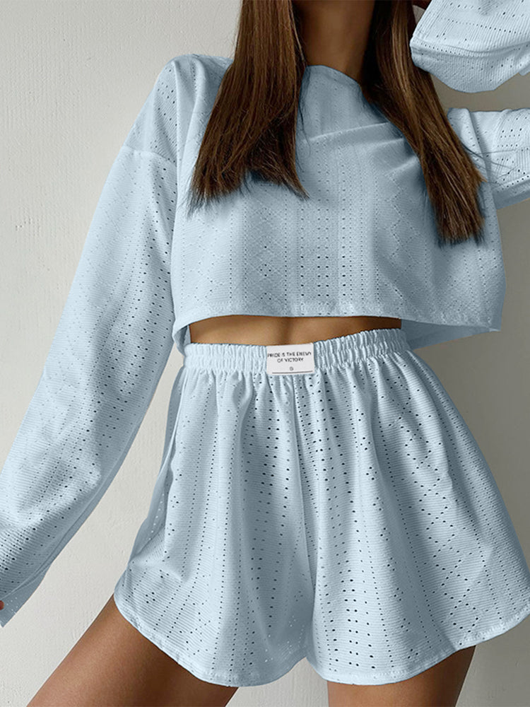 Eyelet Round Neck Top and Shorts Set Light Blue