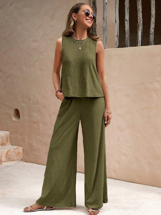 Round Neck Sleeveless Top and Wide Leg Pants Set Army Green