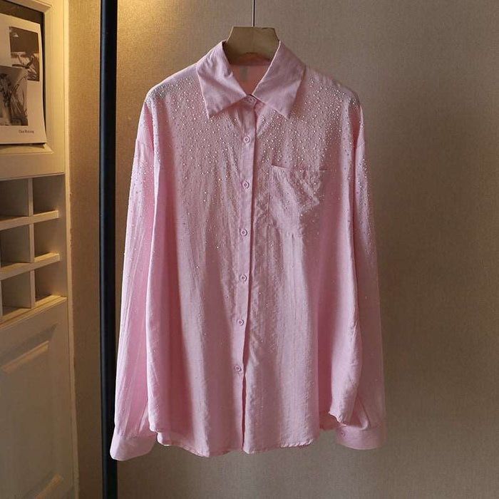 Flash Diamond Lapel Long Sleeve Sun Protection Shirt Pink One size