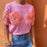 contrasting flower sweet pink round neck short-sleeved sweater