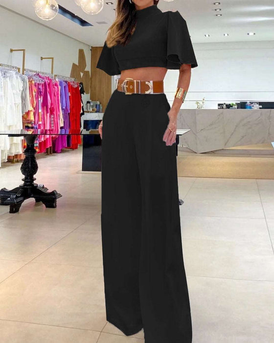 women's high waist pants and crop top set Black (Belt Not Included)