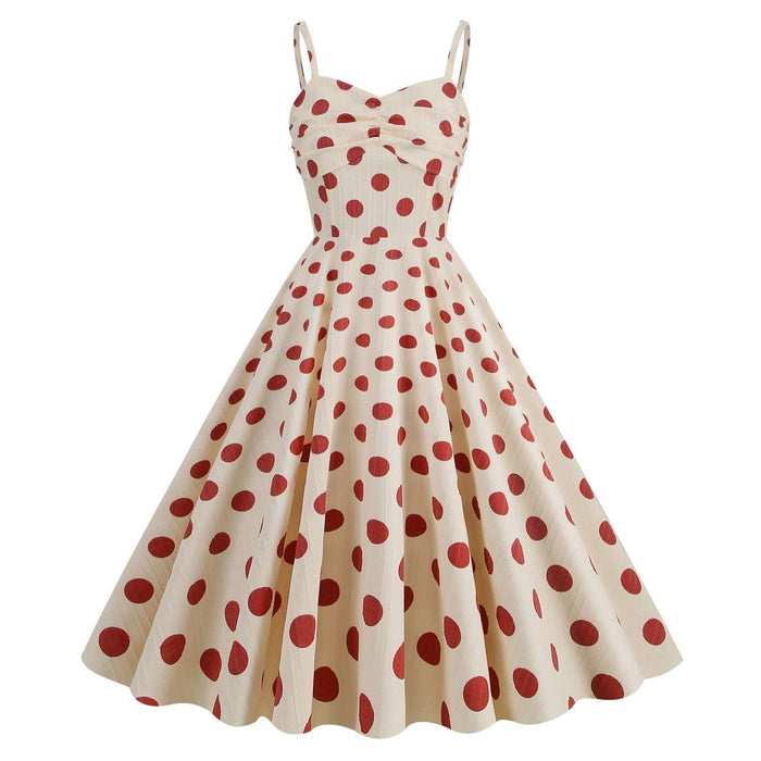 Women suspender dress Apricot base red dots