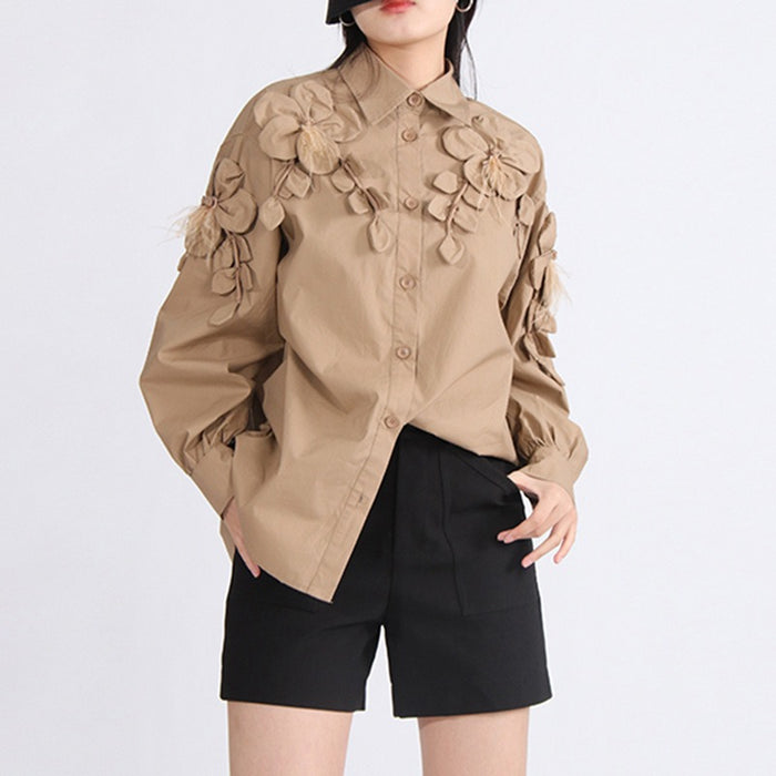 three-dimensional flower loose and high-end stand collar women's shirt Coffee color