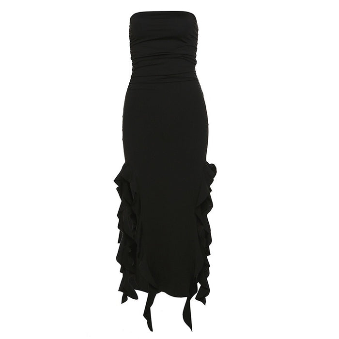 Irregular Hem One-Shoulder Tube Dress Black