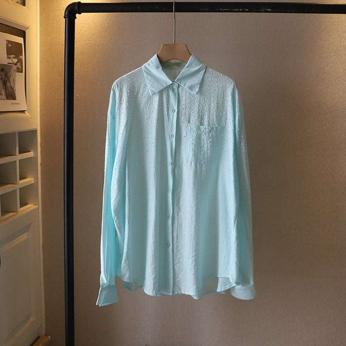 Flash Diamond Lapel Long Sleeve Sun Protection Shirt Blue One size