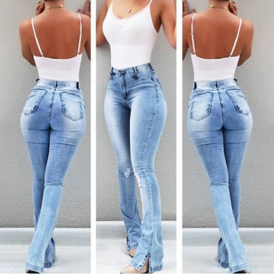 Stretch Flare High Waist Jeans Trousers For Women Light Blue