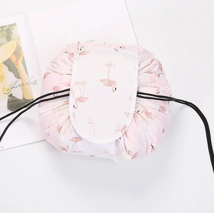 Women Drawstring Cosmetic Bag White Flamingo