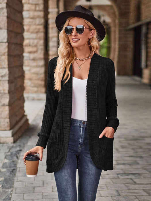 Open Front Cardigan with Pockets Black