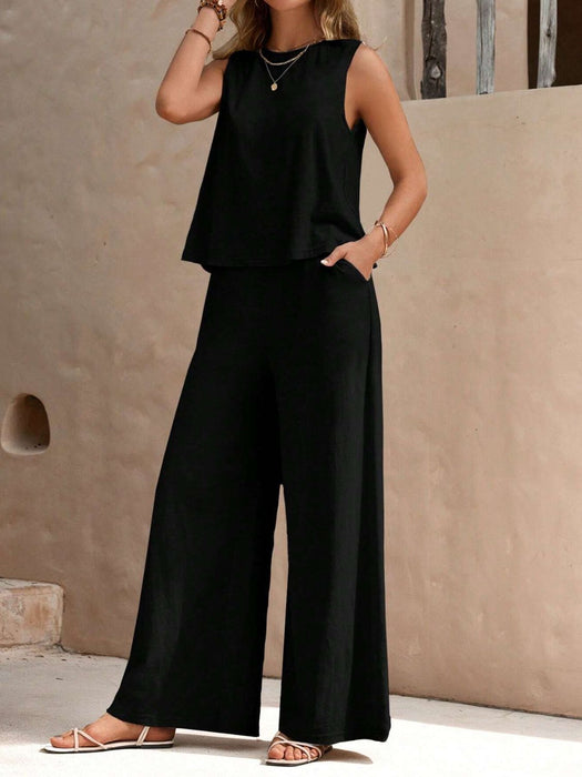 Round Neck Sleeveless Top and Wide Leg Pants Set Black