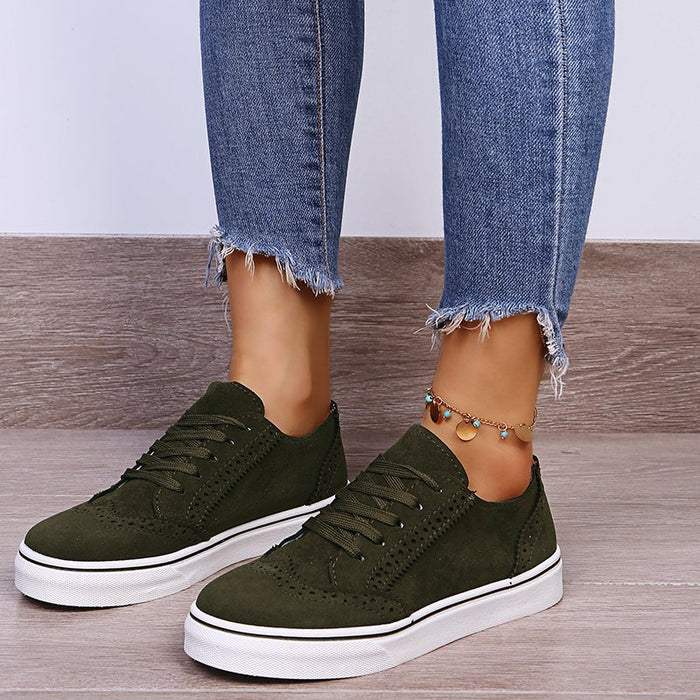 Lace-Up Suedette Flat Sneakers Army Green