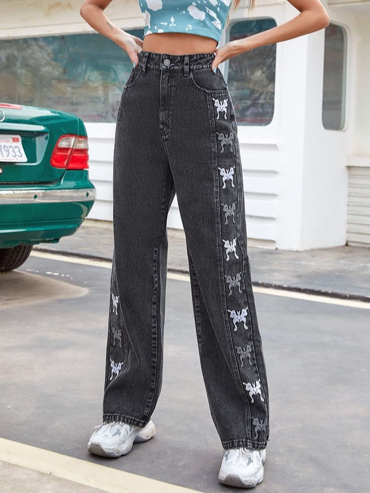 Embroidered Butterfly Jeans with Pockets Black