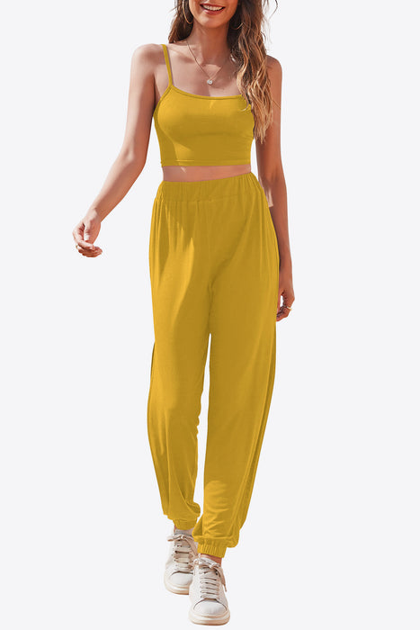 Cropped Cami and Side Split Joggers Set Yellow